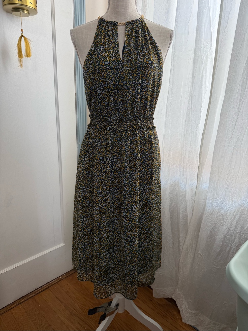 Michael Kors navy and Yellow Floral Midi Dress